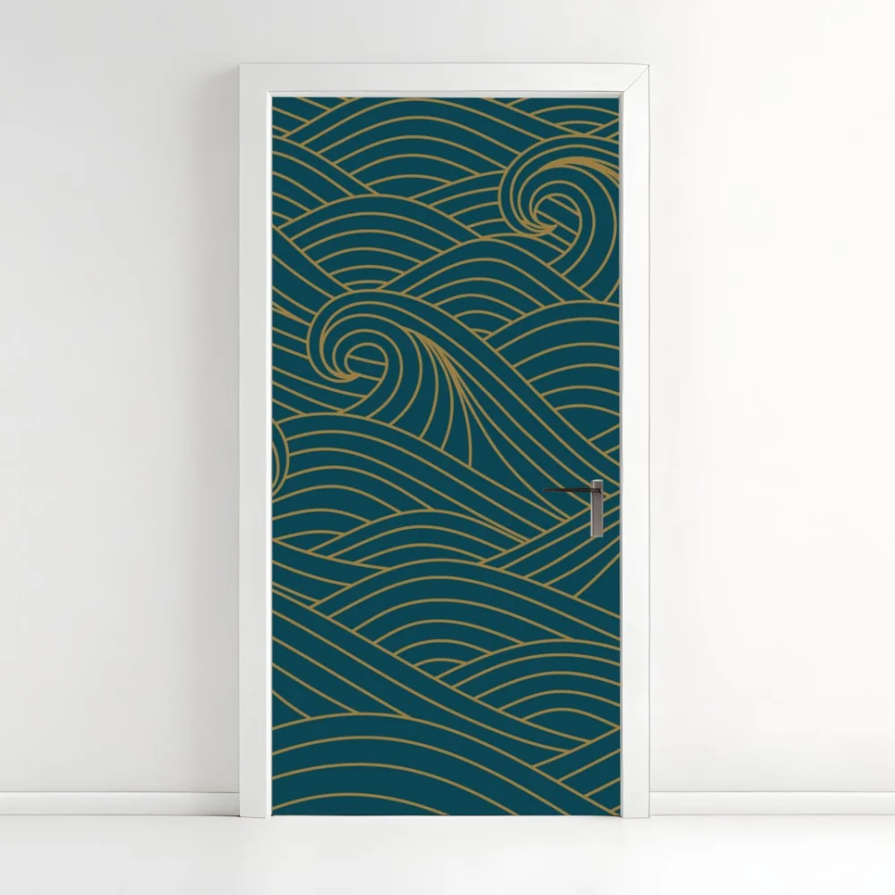 Naklejka na drzwi turkusowy wzór fal ze złotymi liniami – Wallissimo® Naklejka na drzwi turkusowy wzór fal ze złotymi liniami – Wallissimo®