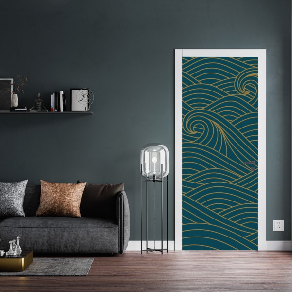 Naklejka na drzwi turkusowy wzór fal ze złotymi liniami – Wallissimo® Naklejka na drzwi turkusowy wzór fal ze złotymi liniami – Wallissimo®