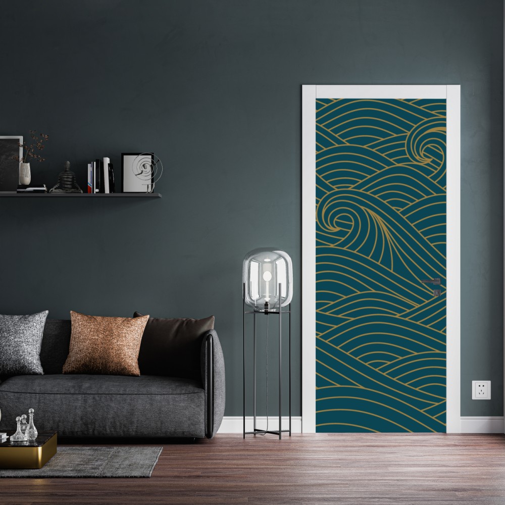 Naklejka na drzwi turkusowy wzór fal ze złotymi liniami – Wallissimo® Naklejka na drzwi turkusowy wzór fal ze złotymi liniami – Wallissimo®