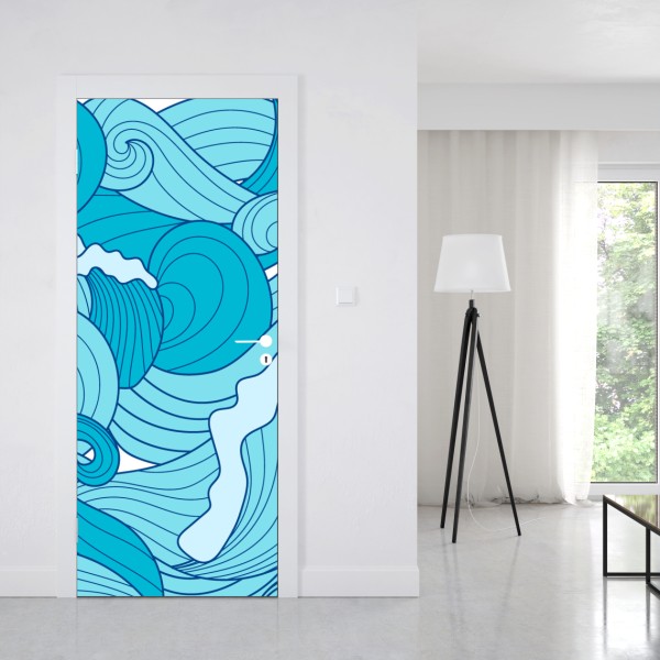 Naklejka na drzwi mglisty iglasty las z wodospadem – Wallissimo®