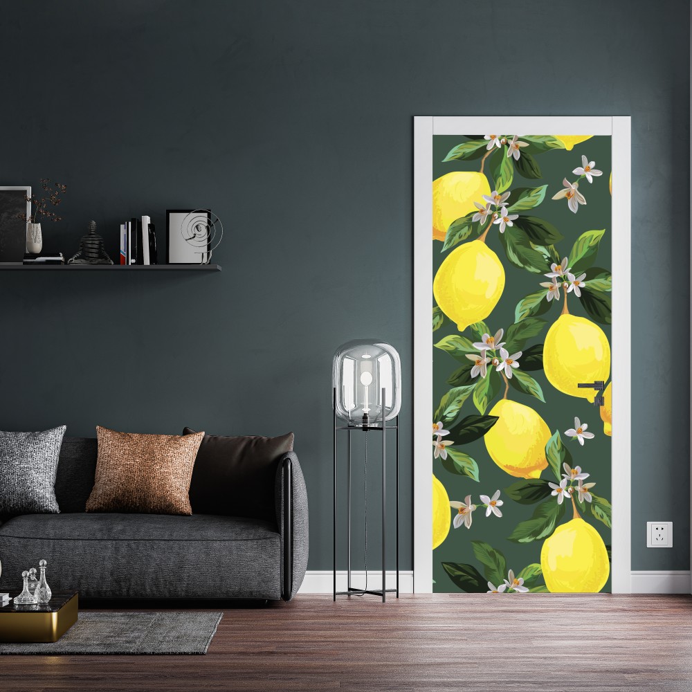Naklejka na drzwi botaniczny wzór z cytrynami – Wallissimo® Naklejka na drzwi botaniczny wzór z cytrynami – Wallissimo®