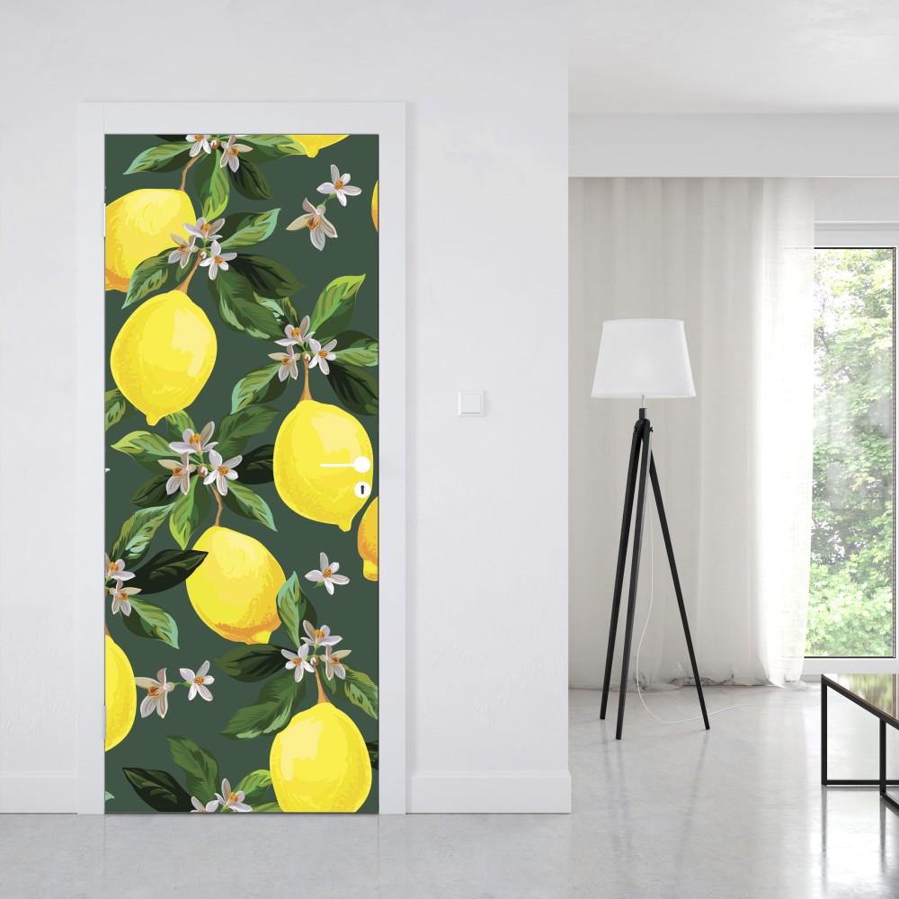 Naklejka na drzwi botaniczny wzór z cytrynami – Wallissimo® Naklejka na drzwi botaniczny wzór z cytrynami – Wallissimo®
