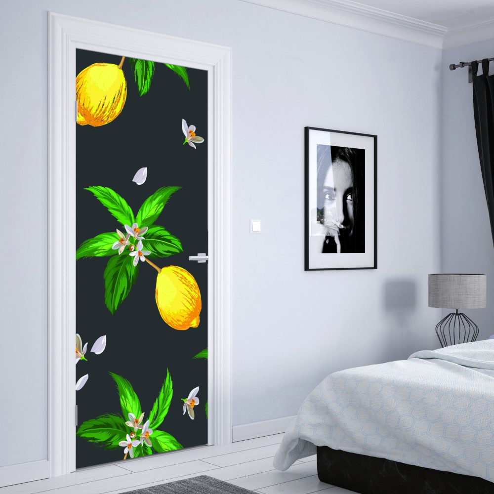 Naklejka na drzwi żywy wzór z cytrynami i liśćmi – Wallissimo® Naklejka na drzwi żywy wzór z cytrynami i liśćmi – Wallissimo®