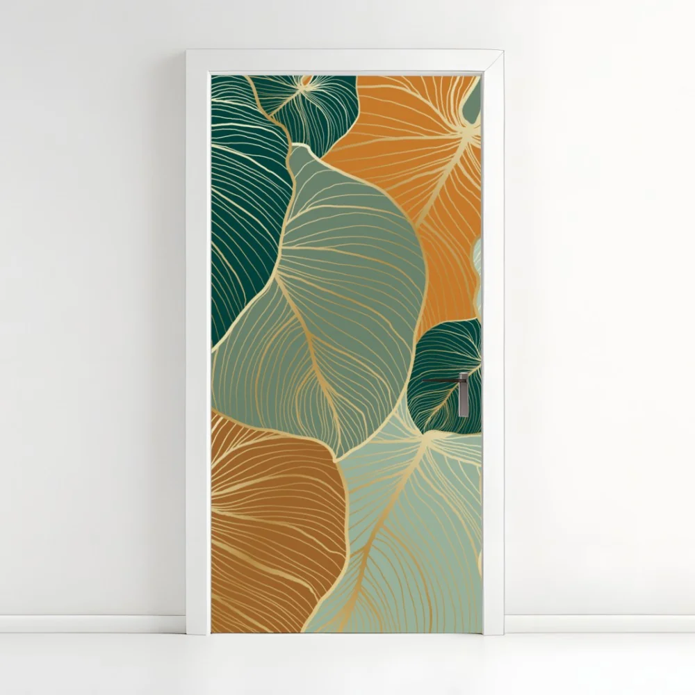 Naklejka na drzwi turkusowy i złoty botaniczny wzór liści – Wallissimo® Naklejka na drzwi turkusowy i złoty botaniczny wzór liści – Wallissimo®
