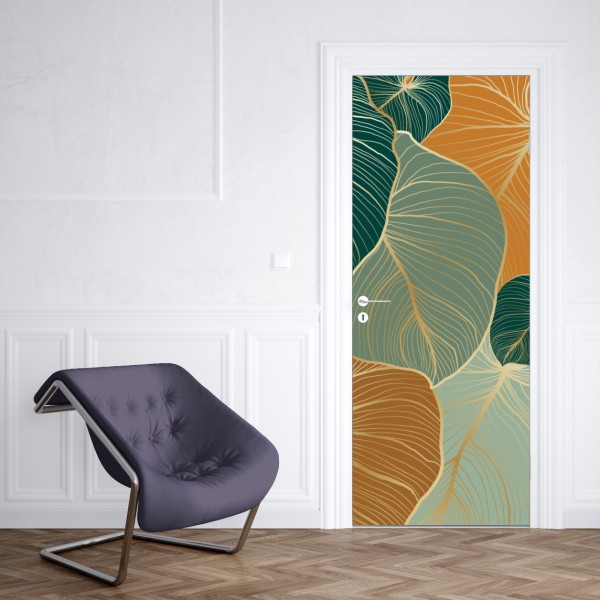 Naklejka na drzwi turkusowy i złoty botaniczny wzór liści – Wallissimo® Naklejka na drzwi turkusowy i złoty botaniczny wzór liści – Wallissimo®