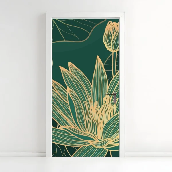 Naklejka na drzwi złote kwiaty lotosu na zielonym tle