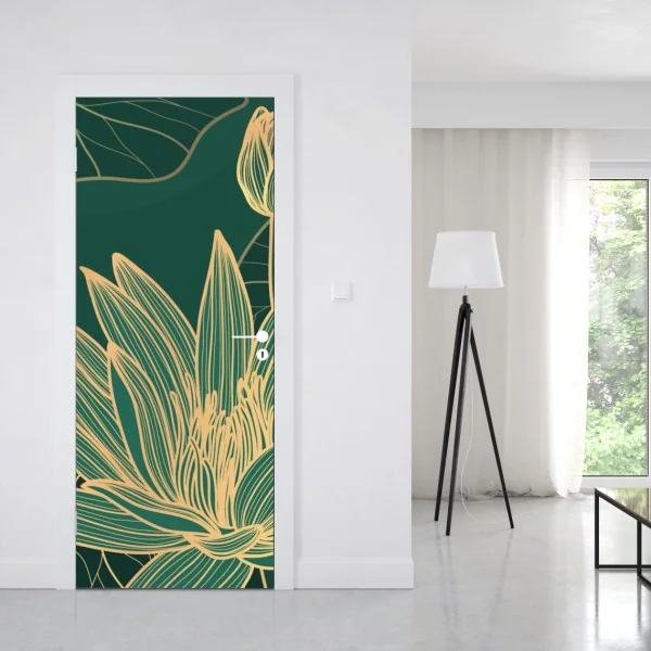 Naklejka na drzwi złoty kwiatowy ornament na granatowym tle – Wallissimo®