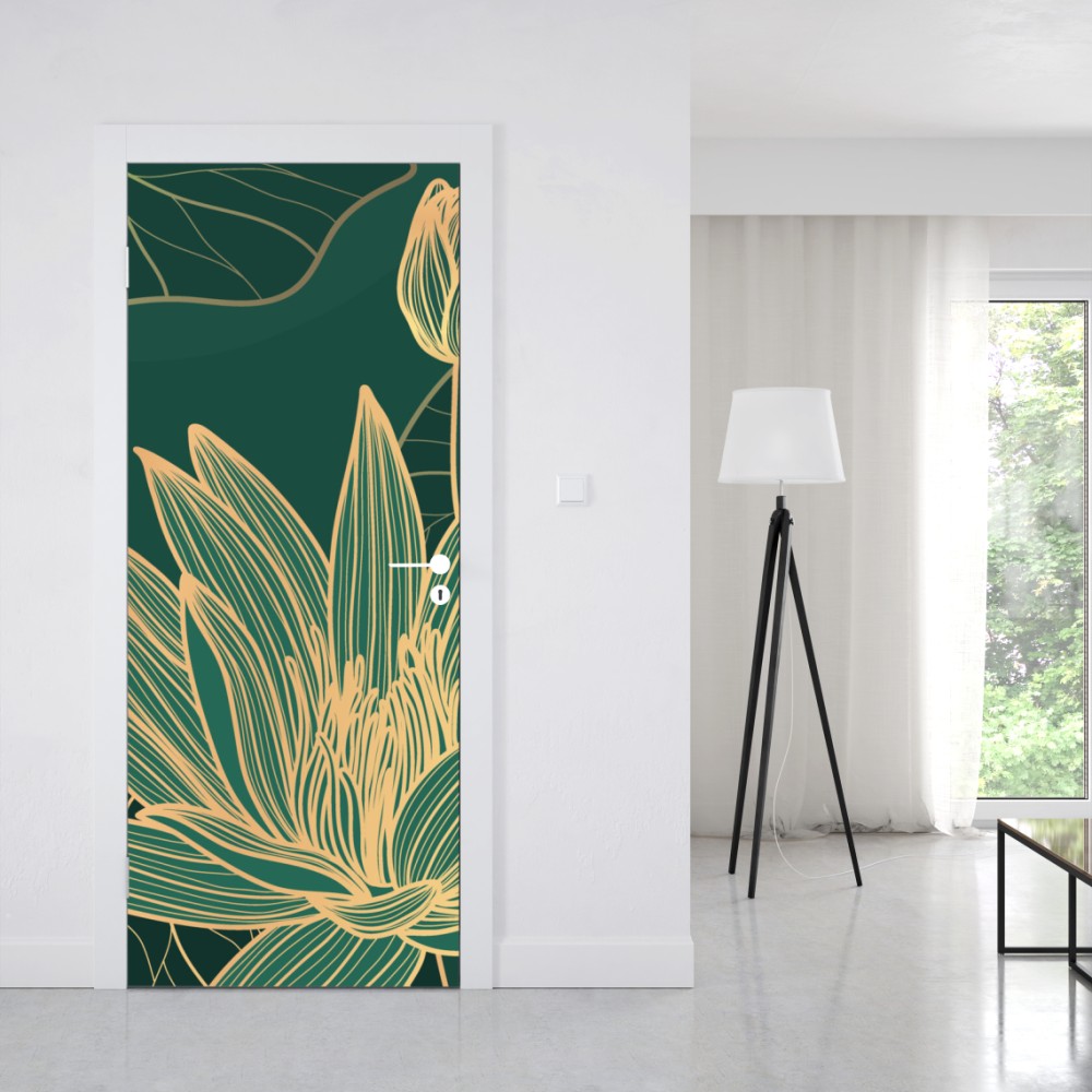 Naklejka na drzwi złote kwiaty lotosu na zielonym tle – Wallissimo® Naklejka na drzwi złote kwiaty lotosu na zielonym tle – Wallissimo®