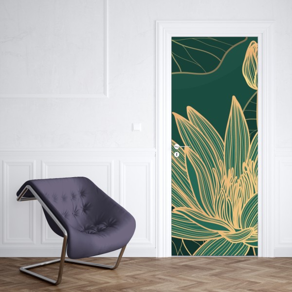 Naklejka na drzwi złote kwiaty lotosu na zielonym tle – Wallissimo® Naklejka na drzwi złote kwiaty lotosu na zielonym tle – Wallissimo®