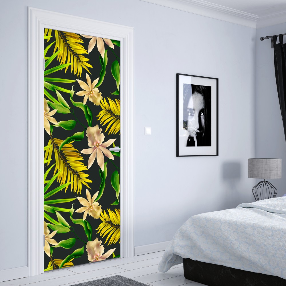 Naklejka na drzwi tropikalny wzór storczyków na ciemnym tle – Wallissimo® Naklejka na drzwi tropikalny wzór storczyków na ciemnym tle – Wallissimo®