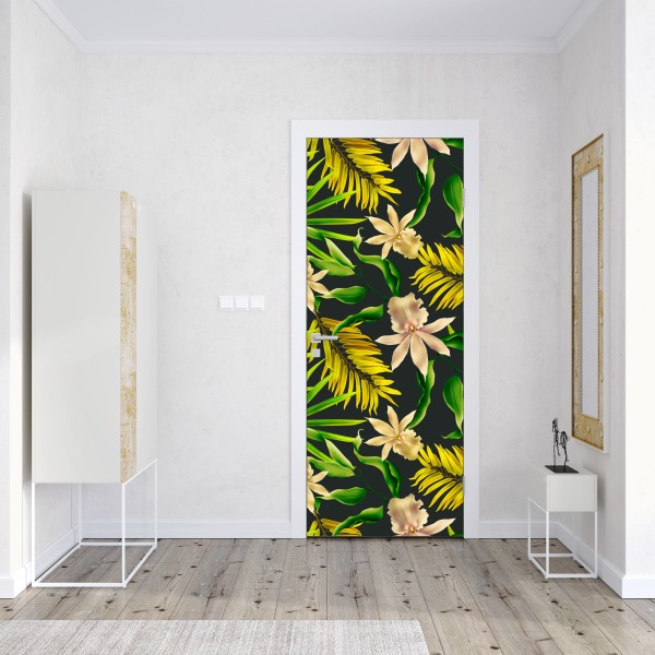Naklejka na drzwi tropikalny wzór storczyków na ciemnym tle – Wallissimo® Naklejka na drzwi tropikalny wzór storczyków na ciemnym tle – Wallissimo®
