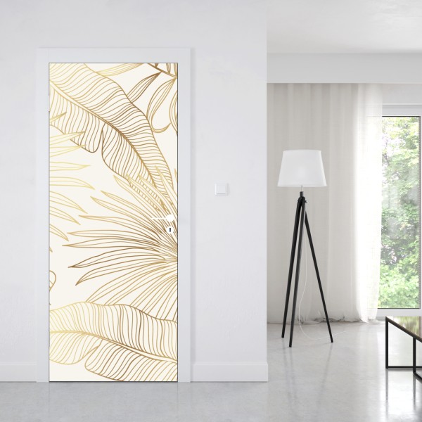 Naklejka na drzwi złote tropikalne liście na beżowym tle – Wallissimo® Naklejka na drzwi złote tropikalne liście na beżowym tle – Wallissimo®