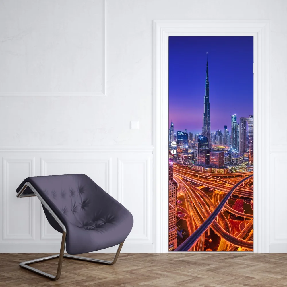 Naklejka na drzwi Dubaj nocą: panorama miejskich świateł – Wallissimo® Naklejka na drzwi Dubaj nocą: panorama miejskich świateł – Wallissimo®