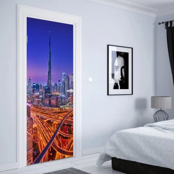 Naklejka na drzwi Dubaj nocą: panorama miejskich świateł – Wallissimo® Naklejka na drzwi Dubaj nocą: panorama miejskich świateł – Wallissimo®