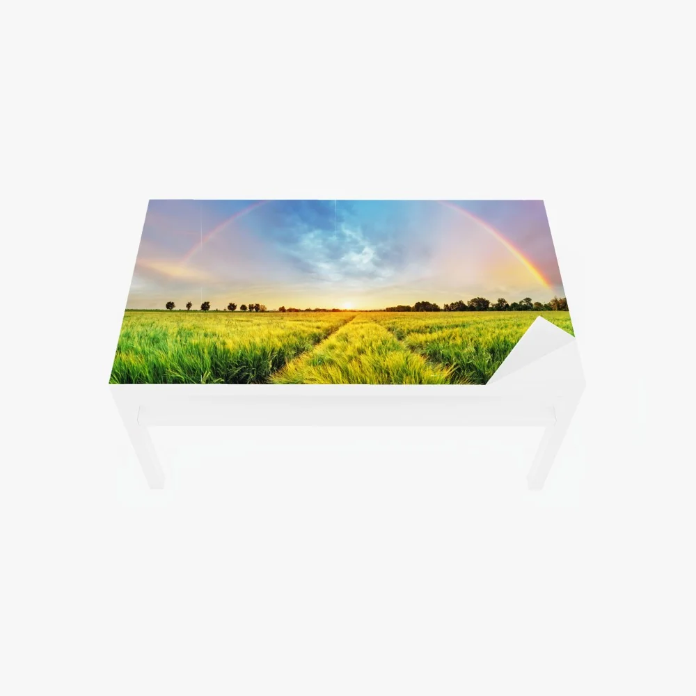 Naklejka na biurko i stół tęcza nad złotym polem pszenicy o zachodzie słońca – Wallissimo® Naklejka na biurko i stół tęcza nad złotym polem pszenicy o zachodzie słońca – Wallissimo®