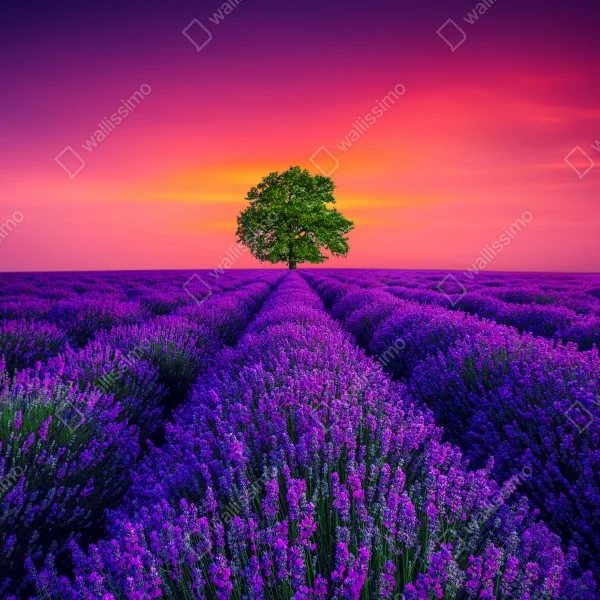 Naklejka na biurko i stół pole lawendy o zachodzie słońca z samotnym drzewem – Wallissimo® Naklejka na biurko i stół pole lawendy o zachodzie słońca z samotnym drzewem – Wallissimo®