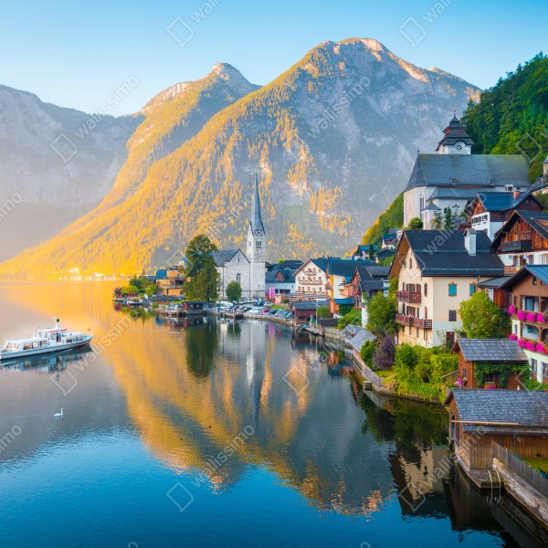 Naklejka na biurko i stół poranny blask Hallstatt nad jeziorem – Wallissimo® Naklejka na biurko i stół poranny blask Hallstatt nad jeziorem – Wallissimo®