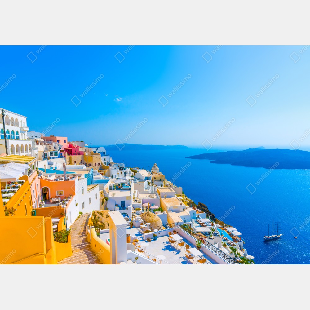 Naklejka na biurko i stół słoneczny widok na kalderę Santorini – Wallissimo® Naklejka na biurko i stół słoneczny widok na kalderę Santorini – Wallissimo®