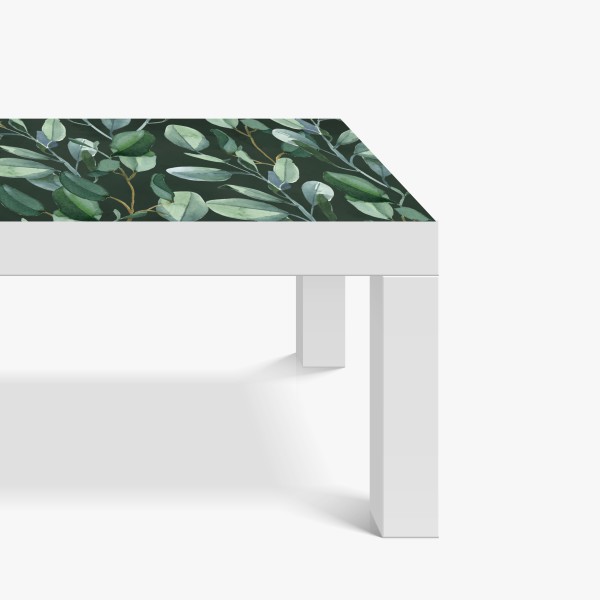 Naklejka na biurko i stół wzór akwarelowy z liśćmi eukaliptusa na ciemnozielonym tle