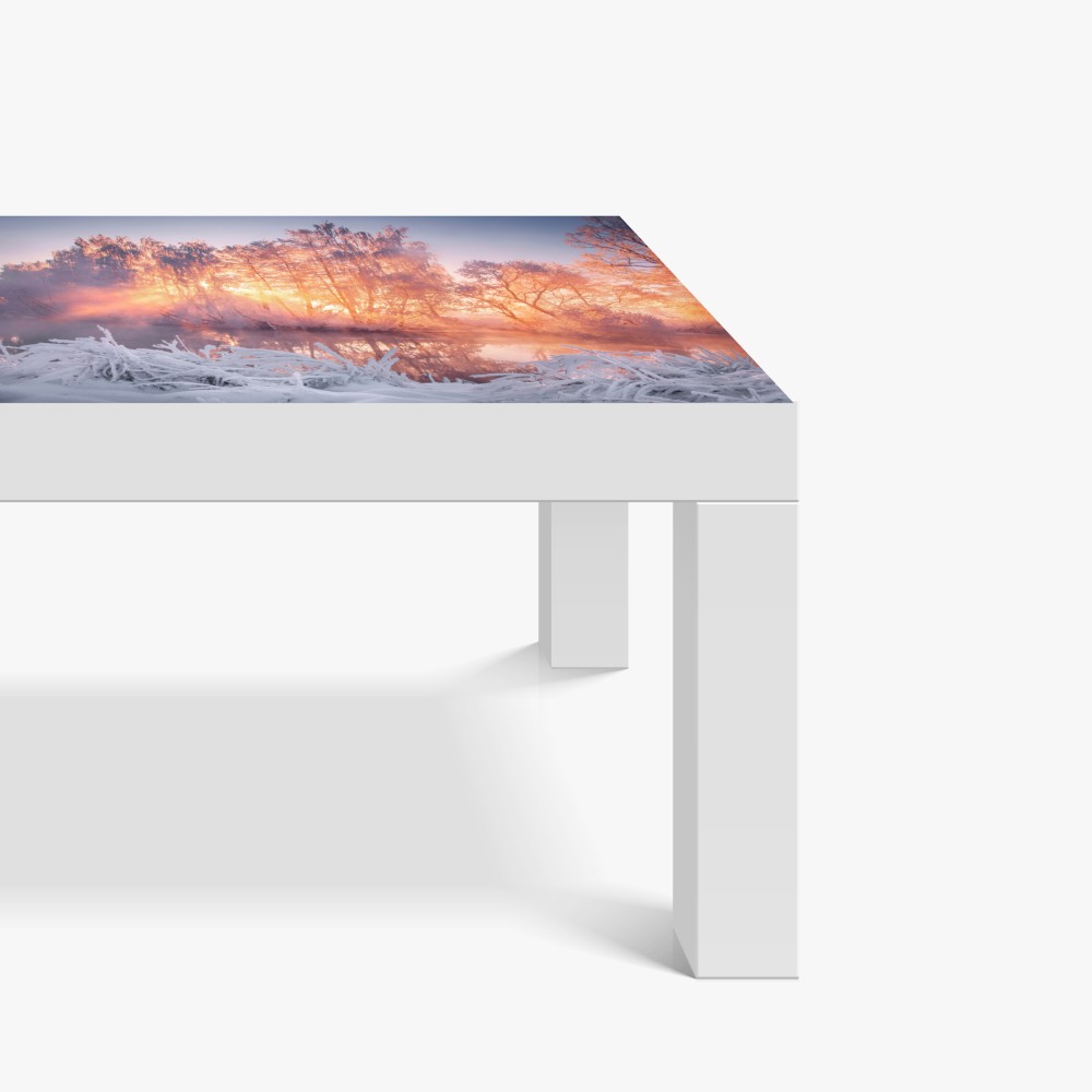 Naklejka na biurko i stół zimowy wschód słońca nad zamarzniętą rzeką – Wallissimo® Naklejka na biurko i stół zimowy wschód słońca nad zamarzniętą rzeką – Wallissimo®