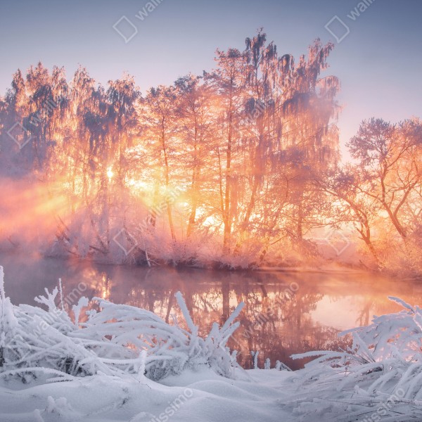 Naklejka na biurko i stół zimowy wschód słońca nad zamarzniętą rzeką – Wallissimo® Naklejka na biurko i stół zimowy wschód słońca nad zamarzniętą rzeką – Wallissimo®