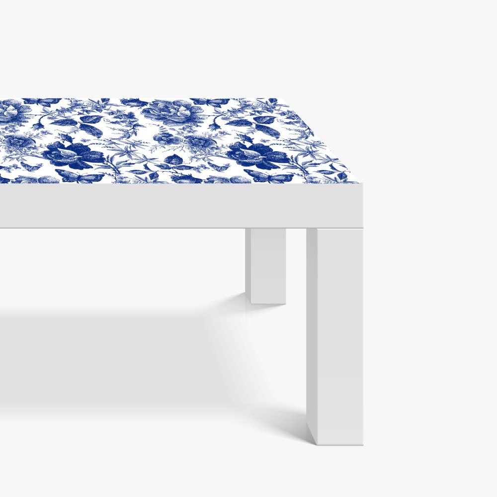 Naklejka na biurko i stół niebieski kwiatowy wzór toile – Wallissimo® Naklejka na biurko i stół niebieski kwiatowy wzór toile – Wallissimo®