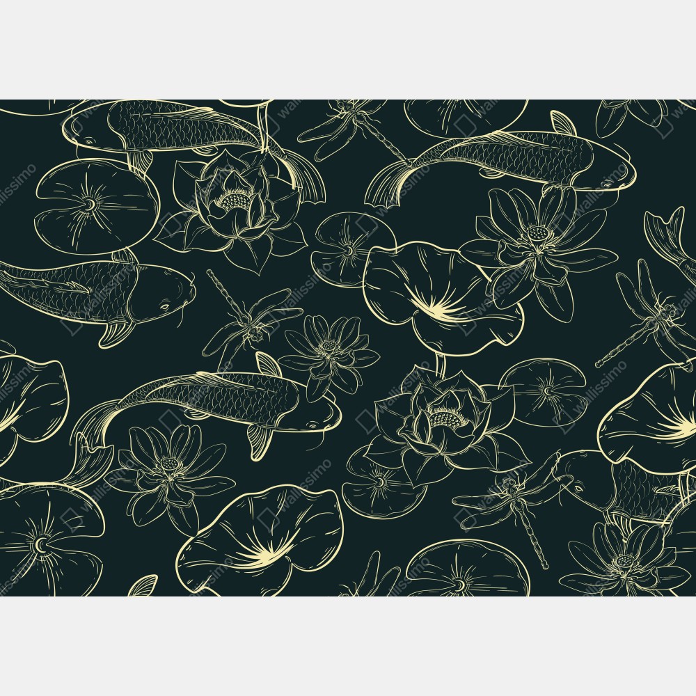 Naklejka na biurko i stół ręcznie rysowany wzór koi i lotosu – Wallissimo® Naklejka na biurko i stół ręcznie rysowany wzór koi i lotosu – Wallissimo®