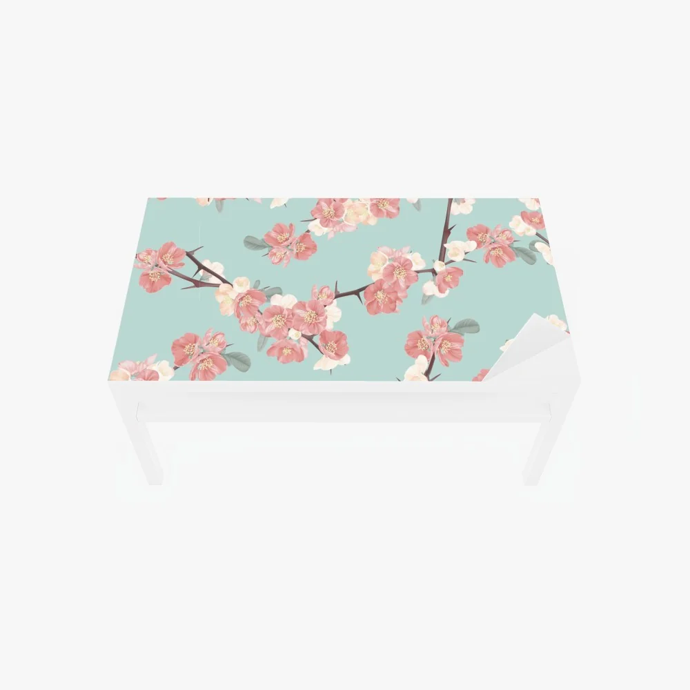 Naklejka na biurko i stół pastelowy wzór kwiatów wiśni na miętowym tle – Wallissimo® Naklejka na biurko i stół pastelowy wzór kwiatów wiśni na miętowym tle – Wallissimo®