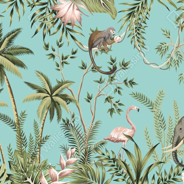 Naklejka na biurko i stół tropikalna scena dżungli ze słoniem i flamingiem – Wallissimo® Naklejka na biurko i stół tropikalna scena dżungli ze słoniem i flamingiem – Wallissimo®