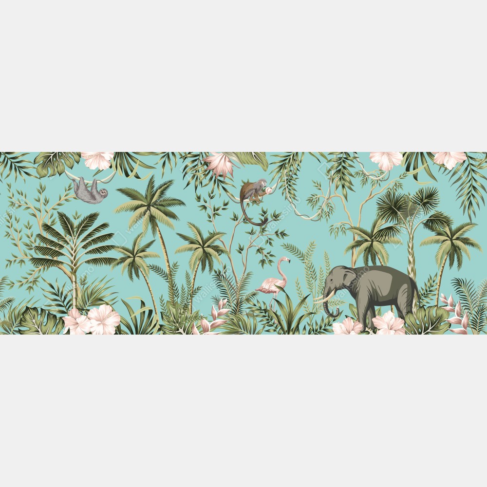 Naklejka na biurko i stół tropikalna scena dżungli ze słoniem i flamingiem – Wallissimo® Naklejka na biurko i stół tropikalna scena dżungli ze słoniem i flamingiem – Wallissimo®