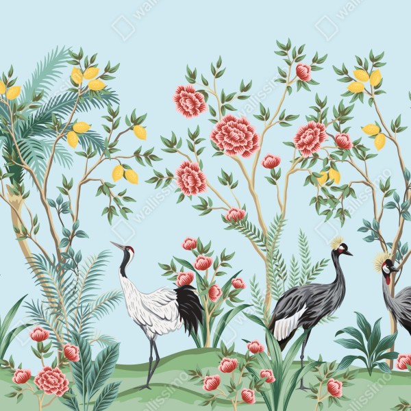 Naklejka na biurko i stół ogród z żurawiami i kwiatami – Wallissimo® Naklejka na biurko i stół ogród z żurawiami i kwiatami – Wallissimo®