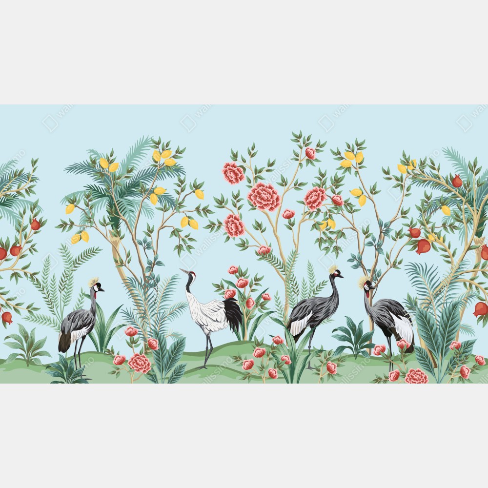 Naklejka na biurko i stół ogród z żurawiami i kwiatami – Wallissimo® Naklejka na biurko i stół ogród z żurawiami i kwiatami – Wallissimo®