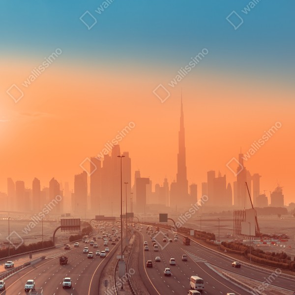 Naklejka na biurko i stół Dubaj panorama o wschodzie słońca – Wallissimo® Naklejka na biurko i stół Dubaj panorama o wschodzie słońca – Wallissimo®