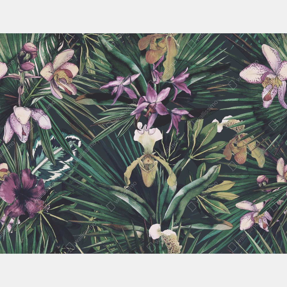 Naklejka na biurko i stół tropikalne akwarelowe orchidee i liście palmowe – Wallissimo® Naklejka na biurko i stół tropikalne akwarelowe orchidee i liście palmowe – Wallissimo®