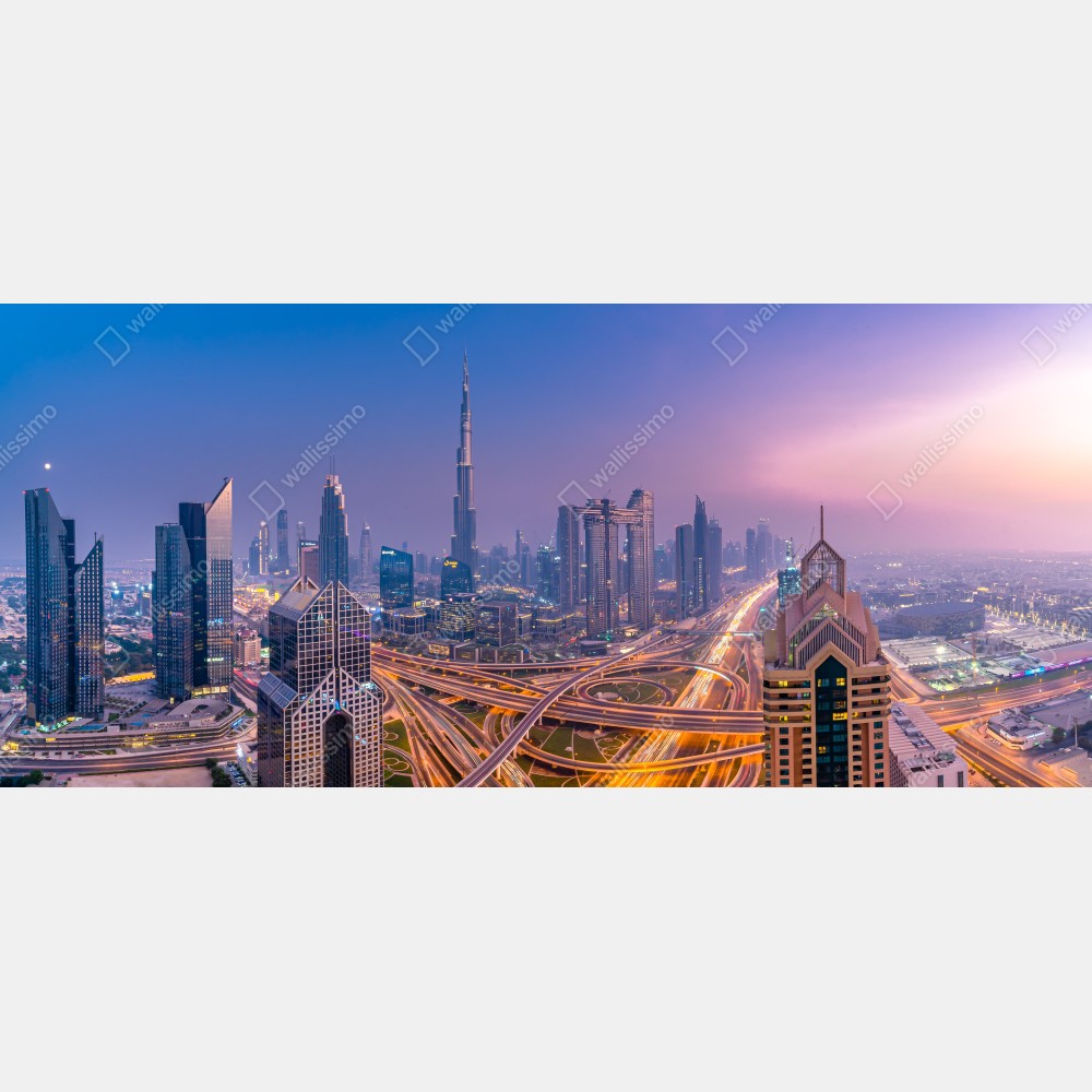 Naklejka na biurko i stół panoramiczny widok Dubaju o zmierzchu – Wallissimo® Naklejka na biurko i stół panoramiczny widok Dubaju o zmierzchu – Wallissimo®