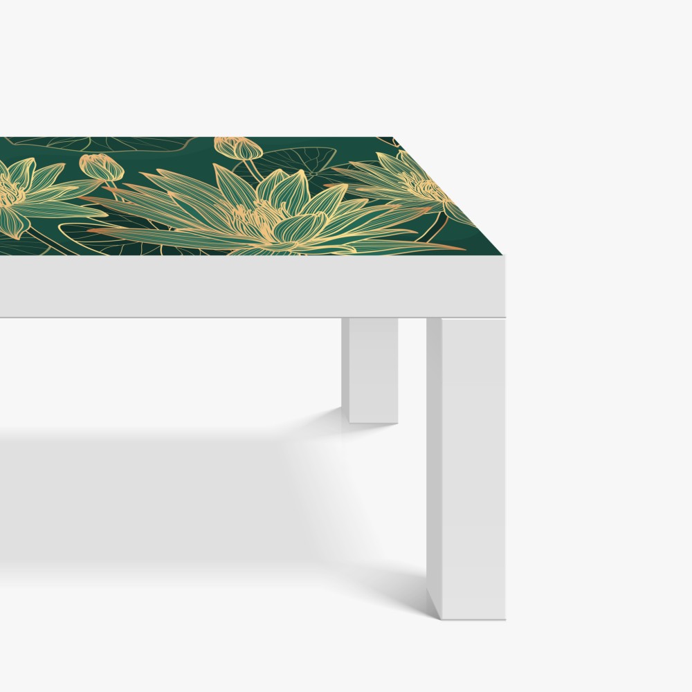 Naklejka na biurko i stół złote kwiaty lotosu na zielonym tle – Wallissimo® Naklejka na biurko i stół złote kwiaty lotosu na zielonym tle – Wallissimo®