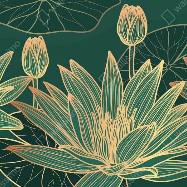 Naklejka na biurko i stół złote kwiaty lotosu na zielonym tle – Wallissimo® Naklejka na biurko i stół złote kwiaty lotosu na zielonym tle – Wallissimo®