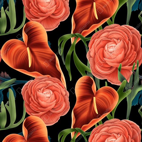 Naklejka na biurko i stół intensywny koralowy wzór kwiatowy na czarnym tle – Wallissimo® Naklejka na biurko i stół intensywny koralowy wzór kwiatowy na czarnym tle – Wallissimo®