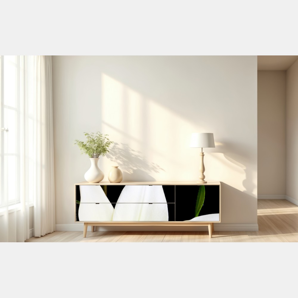 Naklejka repozycjonowalna biała lilia na czarnym tle – Wallissimo® Naklejka repozycjonowalna biała lilia na czarnym tle – Wallissimo®