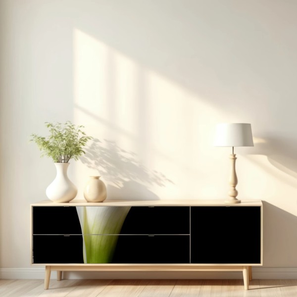 Naklejka repozycjonowalna elegancka biała kalia na czarnym tle – Wallissimo® Naklejka repozycjonowalna elegancka biała kalia na czarnym tle – Wallissimo®