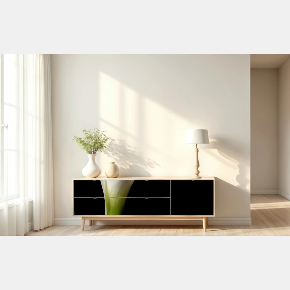 Naklejka repozycjonowalna elegancka biała kalia na czarnym tle – Wallissimo® Naklejka repozycjonowalna elegancka biała kalia na czarnym tle – Wallissimo®