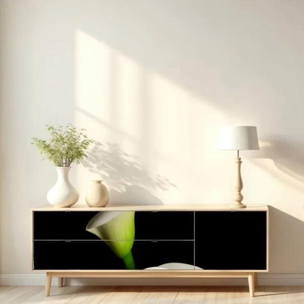 Naklejka repozycjonowalna białe kalie na czarnym tle – Wallissimo® Naklejka repozycjonowalna białe kalie na czarnym tle – Wallissimo®