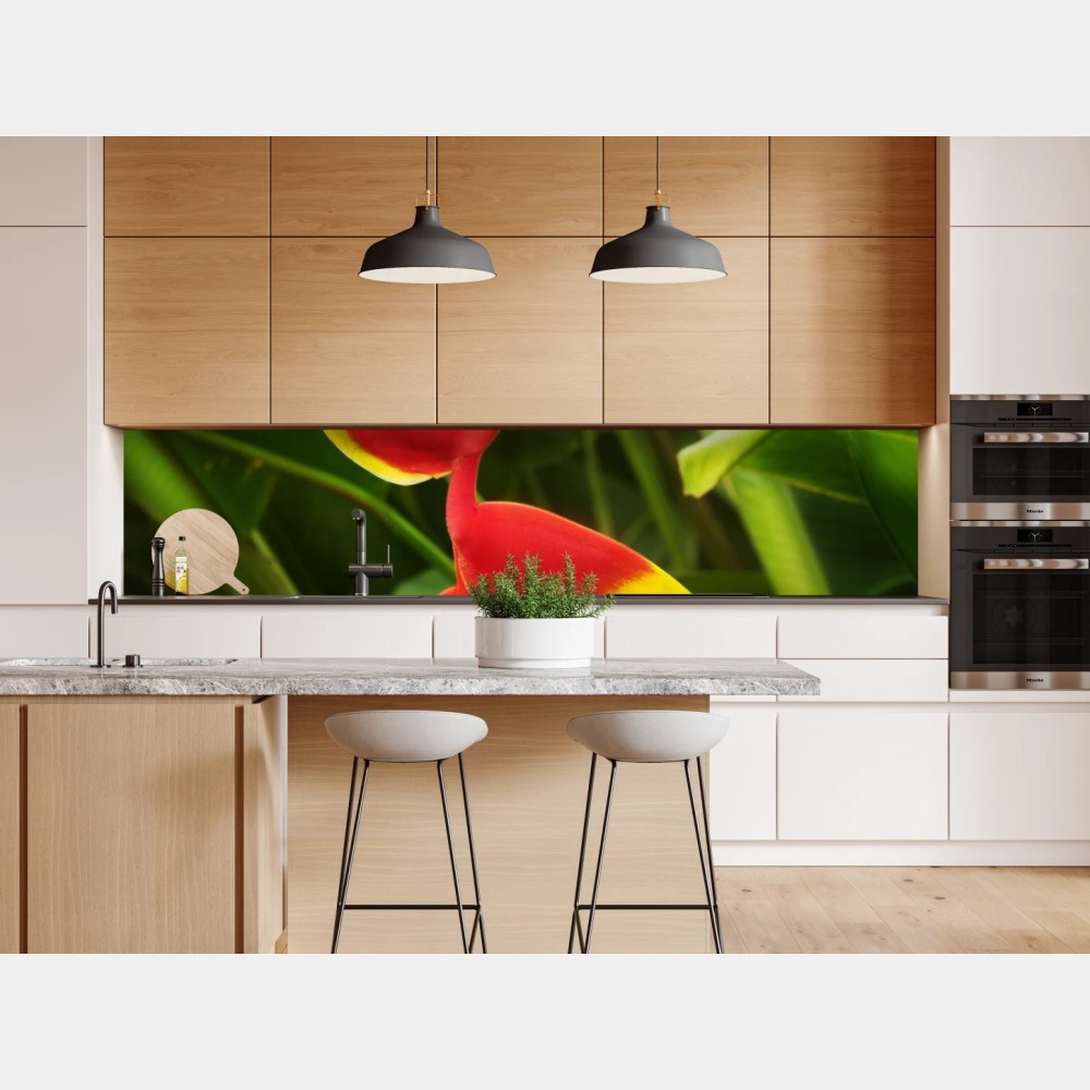 Naklejka repozycjonowalna wibrująca heliconia w tropikalnym listowiu – Wallissimo® Naklejka repozycjonowalna wibrująca heliconia w tropikalnym listowiu – Wallissimo®