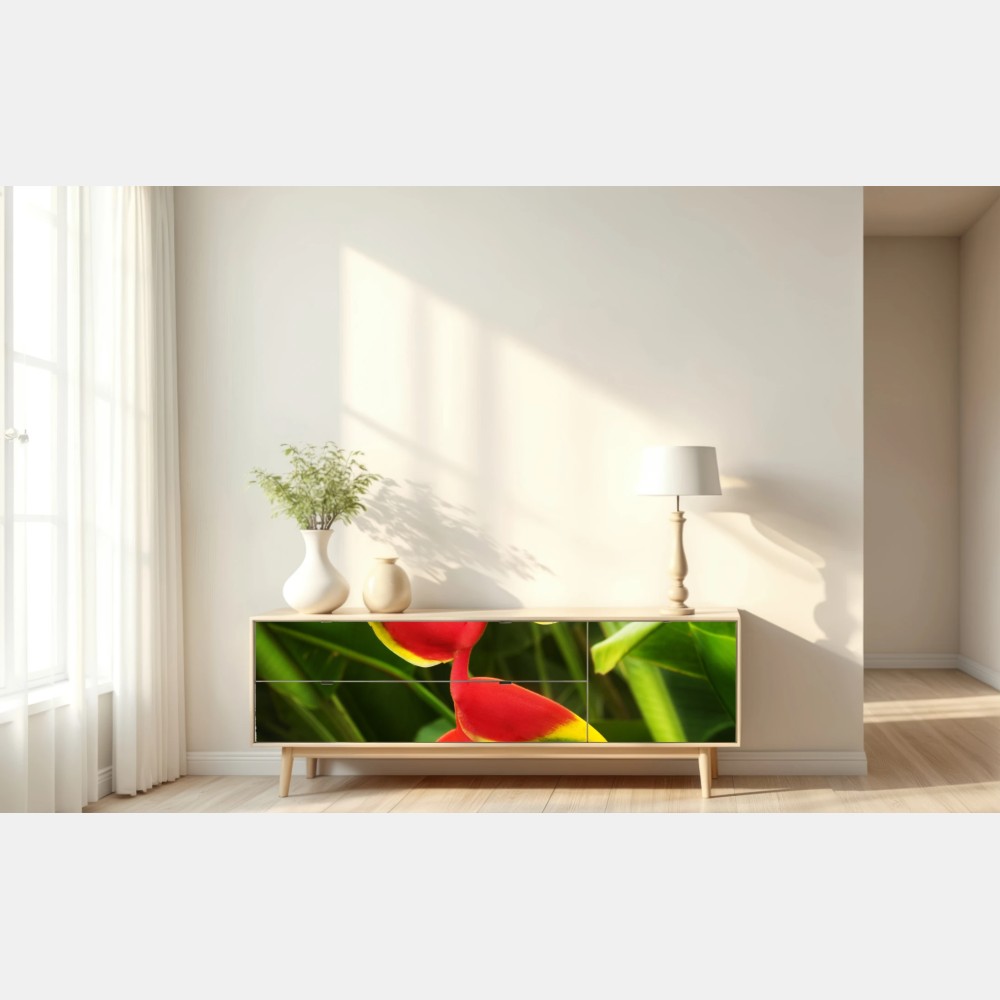 Naklejka repozycjonowalna wibrująca heliconia w tropikalnym listowiu – Wallissimo® Naklejka repozycjonowalna wibrująca heliconia w tropikalnym listowiu – Wallissimo®