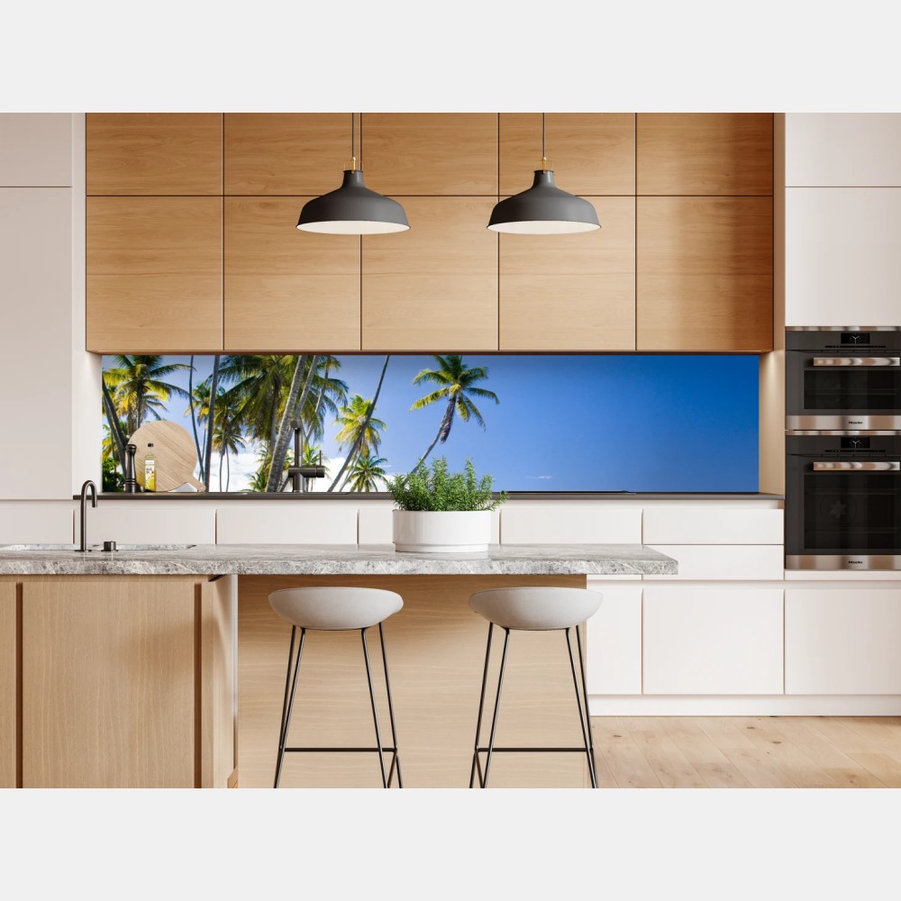 Naklejka repozycjonowalna tropikalna plaża z palmami pod błękitnym niebem – Wallissimo® Naklejka repozycjonowalna tropikalna plaża z palmami pod błękitnym niebem – Wallissimo®