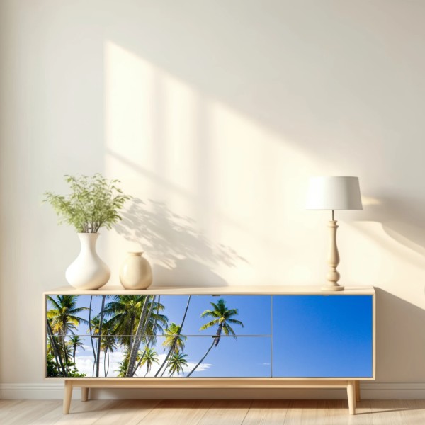 Naklejka repozycjonowalna tropikalna plaża z palmami pod błękitnym niebem – Wallissimo® Naklejka repozycjonowalna tropikalna plaża z palmami pod błękitnym niebem – Wallissimo®