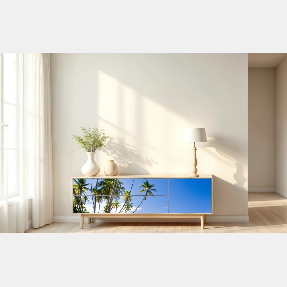 Naklejka repozycjonowalna tropikalna plaża z palmami pod błękitnym niebem – Wallissimo® Naklejka repozycjonowalna tropikalna plaża z palmami pod błękitnym niebem – Wallissimo®