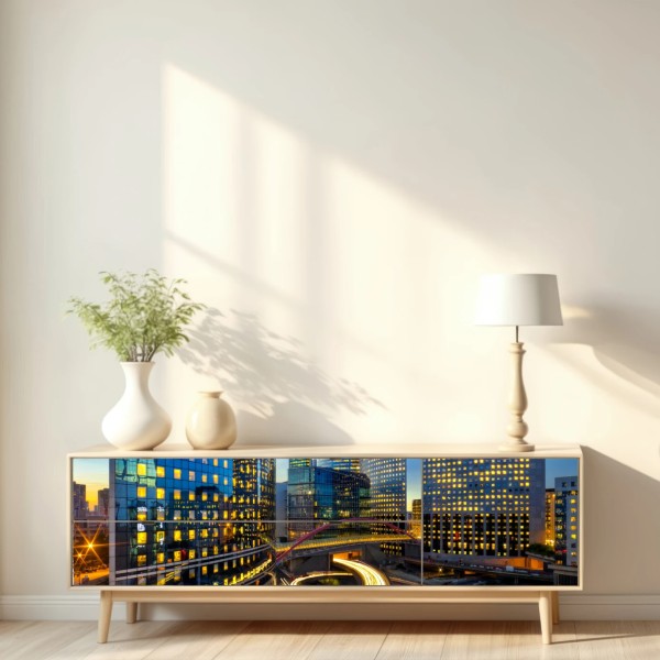 Naklejka repozycjonowalna nowoczesna panorama miasta o zmierzchu – Wallissimo® Naklejka repozycjonowalna nowoczesna panorama miasta o zmierzchu – Wallissimo®
