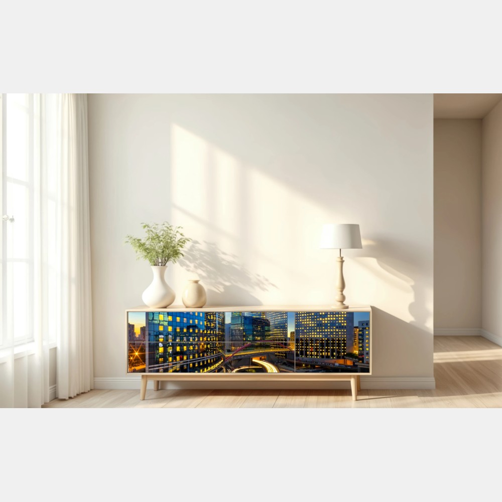 Naklejka repozycjonowalna nowoczesna panorama miasta o zmierzchu – Wallissimo® Naklejka repozycjonowalna nowoczesna panorama miasta o zmierzchu – Wallissimo®