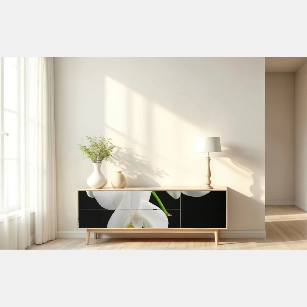 Naklejka repozycjonowalna biała gałązka orchidei na czarnym tle – Wallissimo® Naklejka repozycjonowalna biała gałązka orchidei na czarnym tle – Wallissimo®